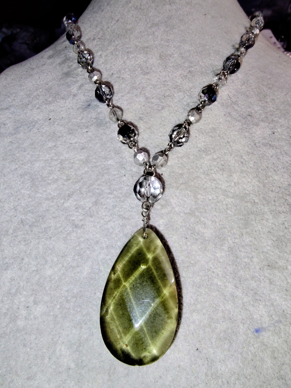 Cookie Lee Olive Green Teardrop Pendant Necklace with Faceted Crystal